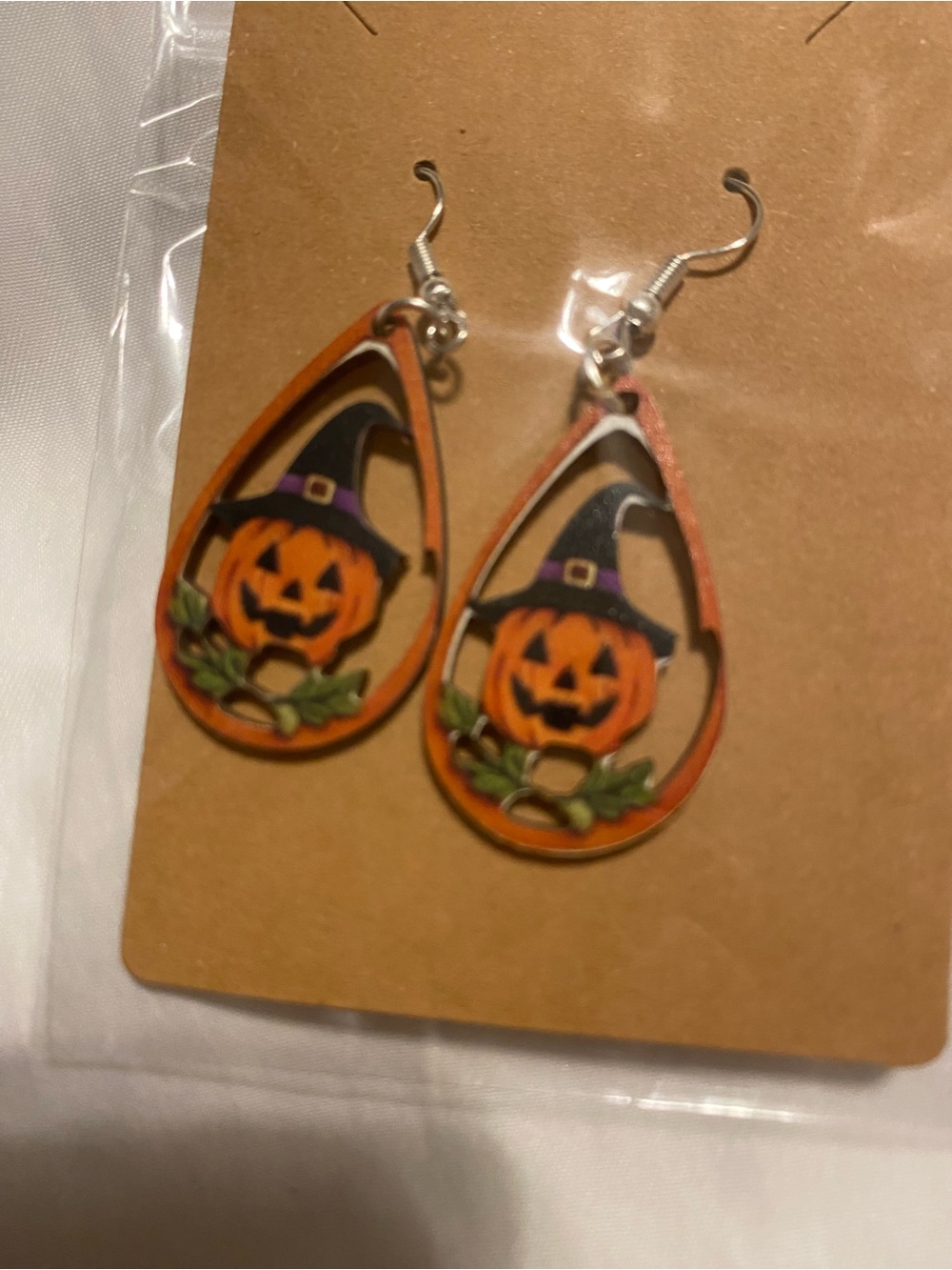 Halloween Pumpkin Witch Hat Teardrop Earrings - Orange - Picture 1 of 2